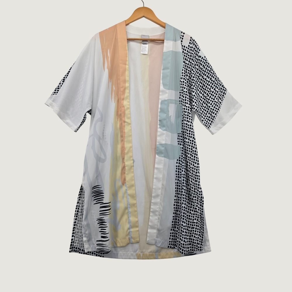 Chicos Abstract Print Kimono Cardigan XXS XS Open Front Duster Pockets Geometric